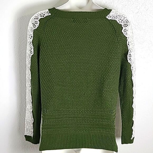 Listicle Army Green Sweater with White Lace Embroidered Longsleeves, Size Small - Picture 5 of 7